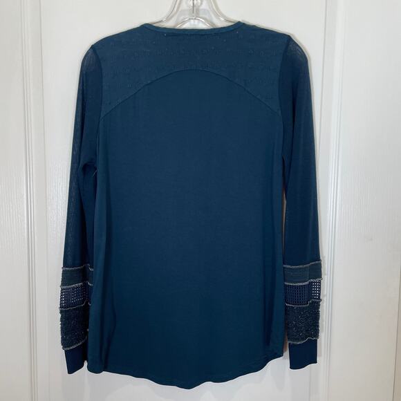 Desigual Henley Top w/ Floral Crochet Netting Tinsel Dark Teal Blue L - Picture 6 of 7